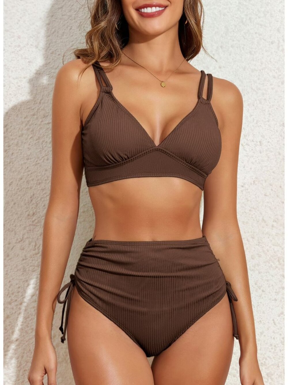 🤎 NWT Eytino Brown Ribbed High Waisted Bikini Set M - Picture 2 of 5